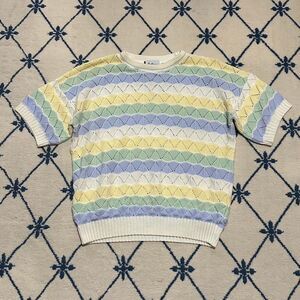 Vintage 1970s Pastel Stripe Knit Short Sleeve Pullover Sweater
